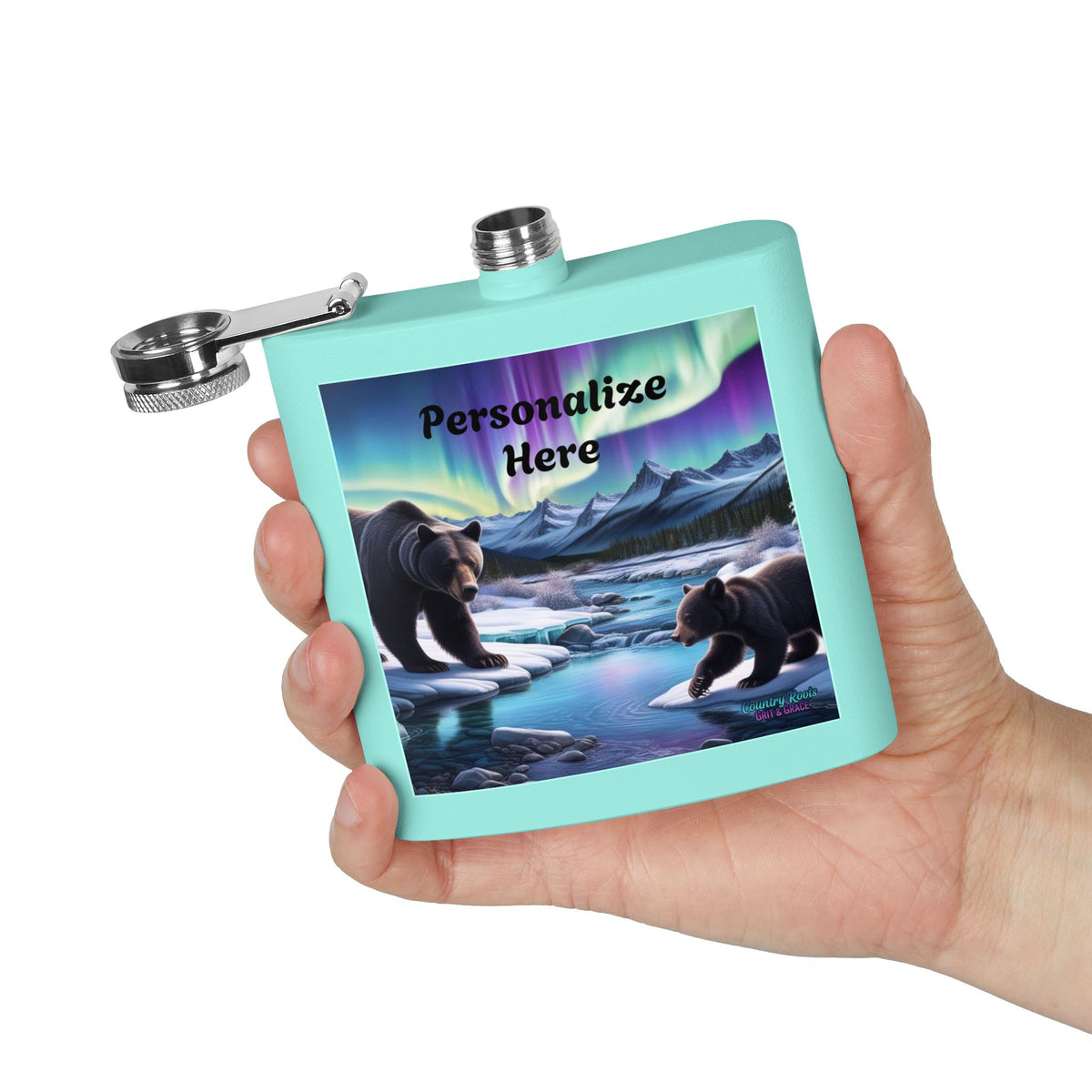 Personalized Northern Lights Bear Flask — 6oz Stainless Steel Hip Flask