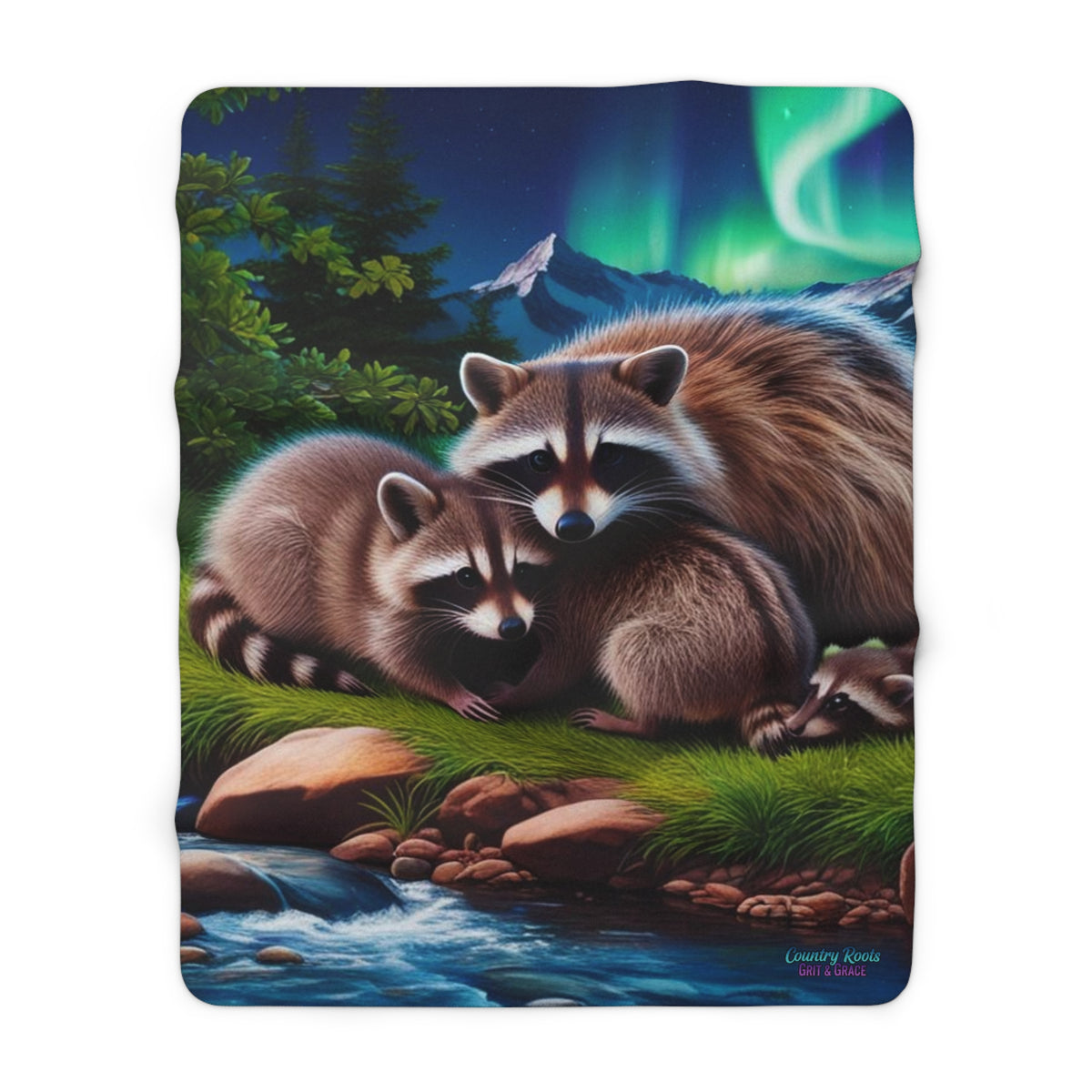 Raccoon Mama & Baby Sherpa Blanket – Cozy Fleece Throw with Northern Lights