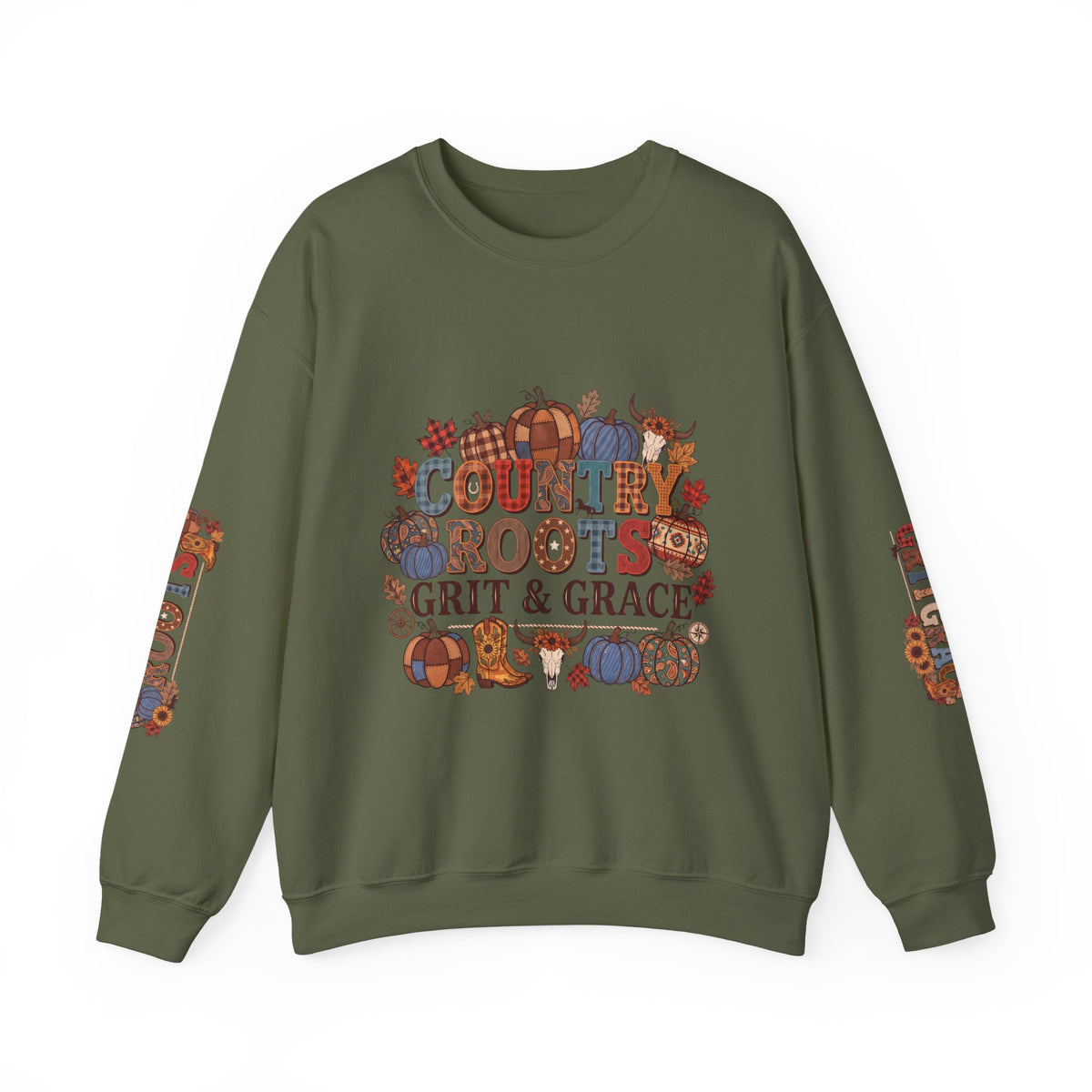 Country Roots Crewneck Sweatshirt — "Grit & Grace" Rustic Pumpkin Fall Design