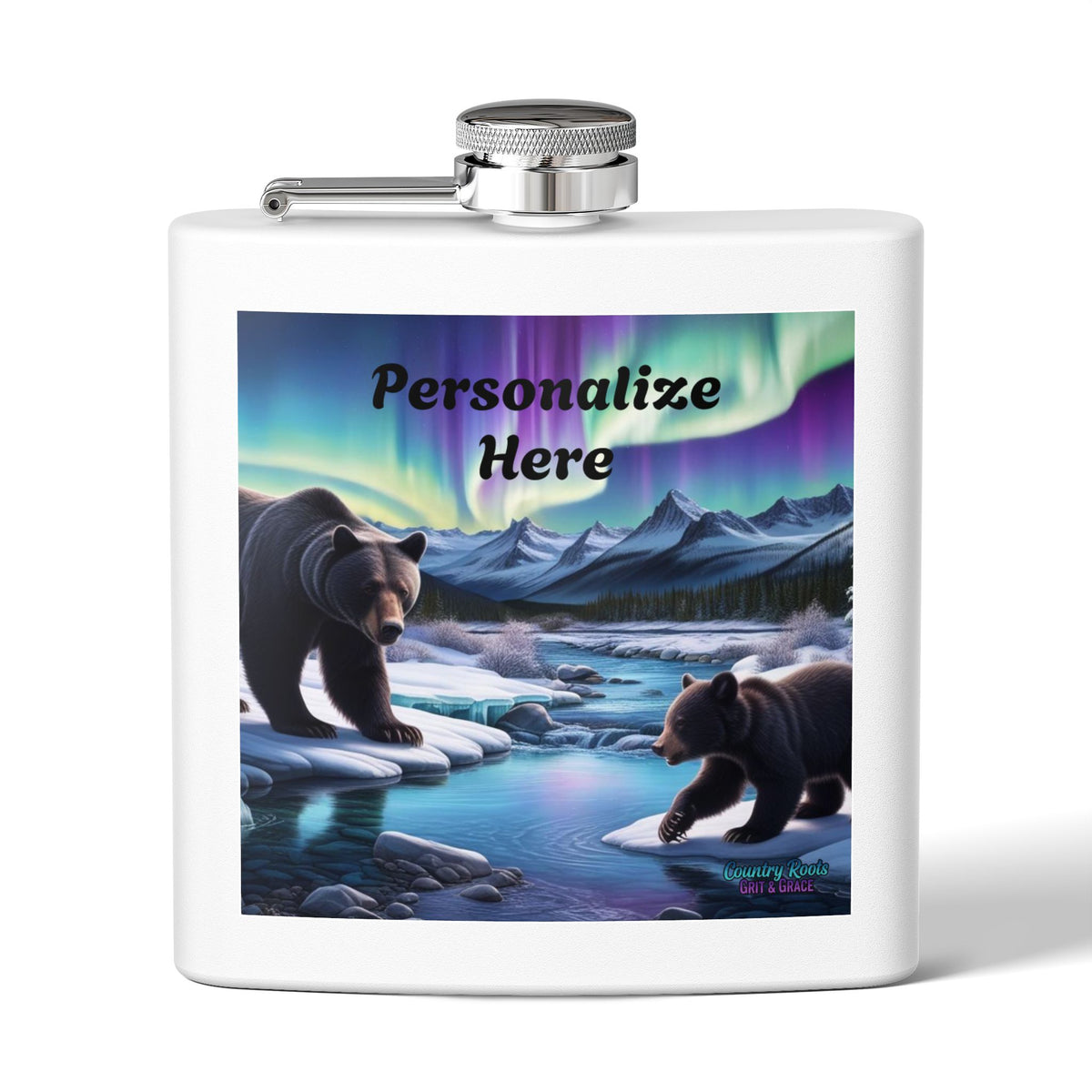 Personalized Northern Lights Bear Flask — 6oz Stainless Steel Hip Flask