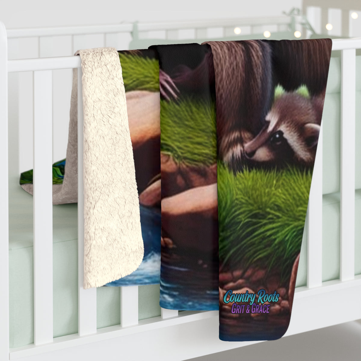 Raccoon Mama & Baby Sherpa Blanket – Cozy Fleece Throw with Northern Lights