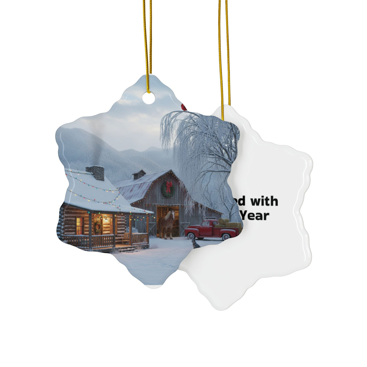 Round Ceramic Ornament — Snowy Cabin Winter Scene Holiday Decoration