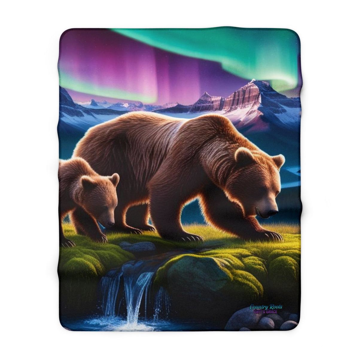 Aurora Bears Sherpa Blanket — Cozy Fleece Throw with Grizzly Mom & Cub