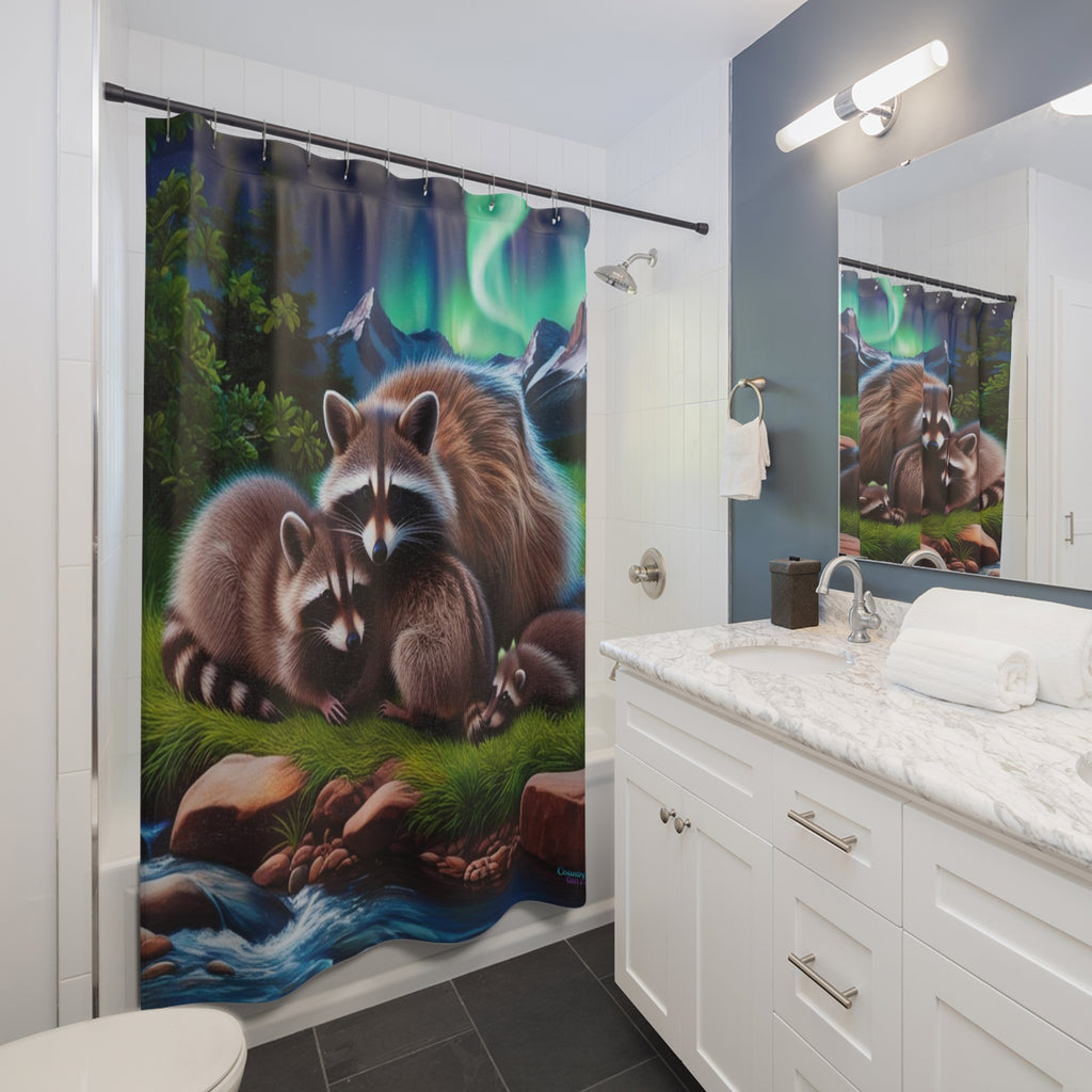 Raccoon Family Shower Curtain — Northern Lights Woodland Bathroom Decor