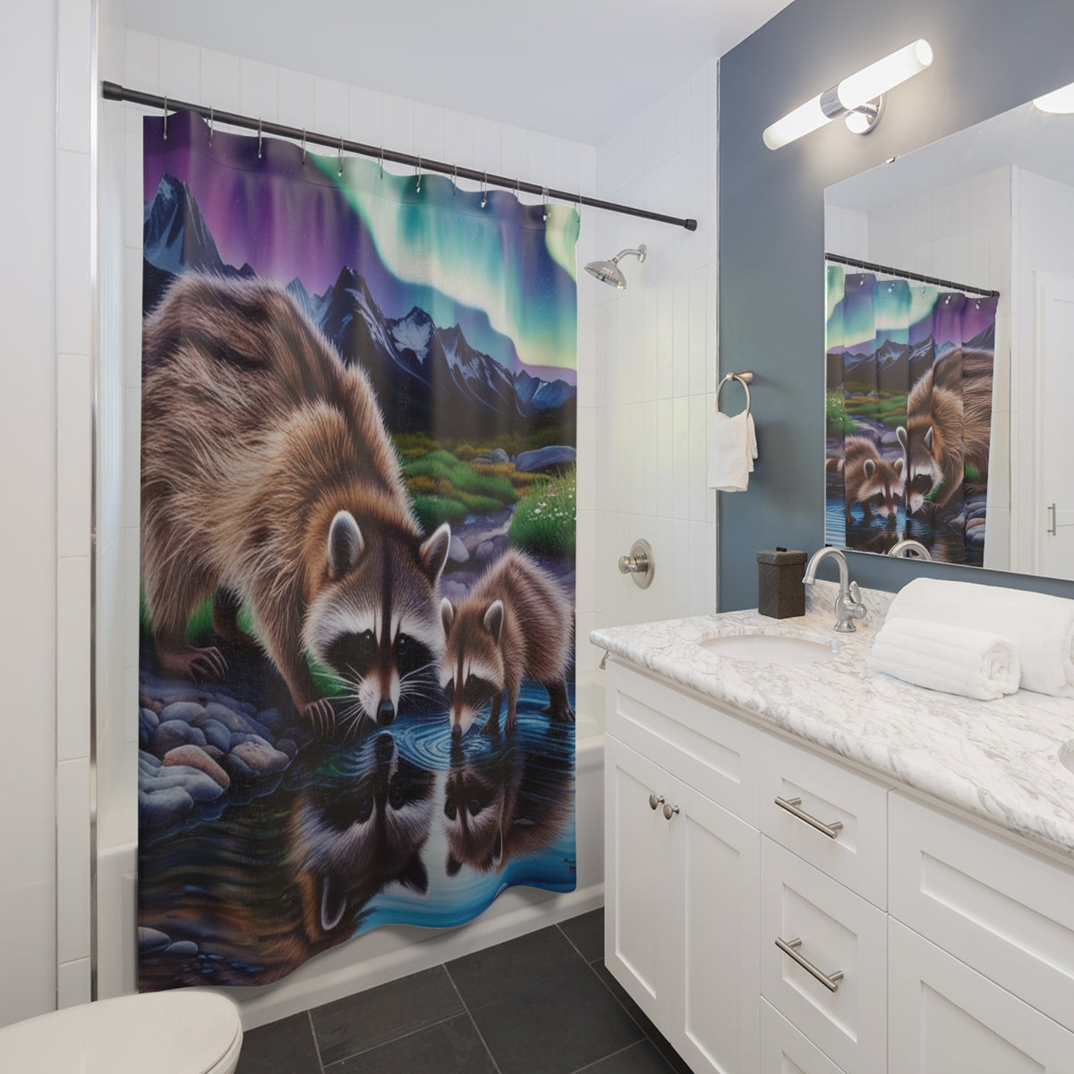 Raccoon Reflections Shower Curtain — Northern Lights Wildlife Bathroom Decor