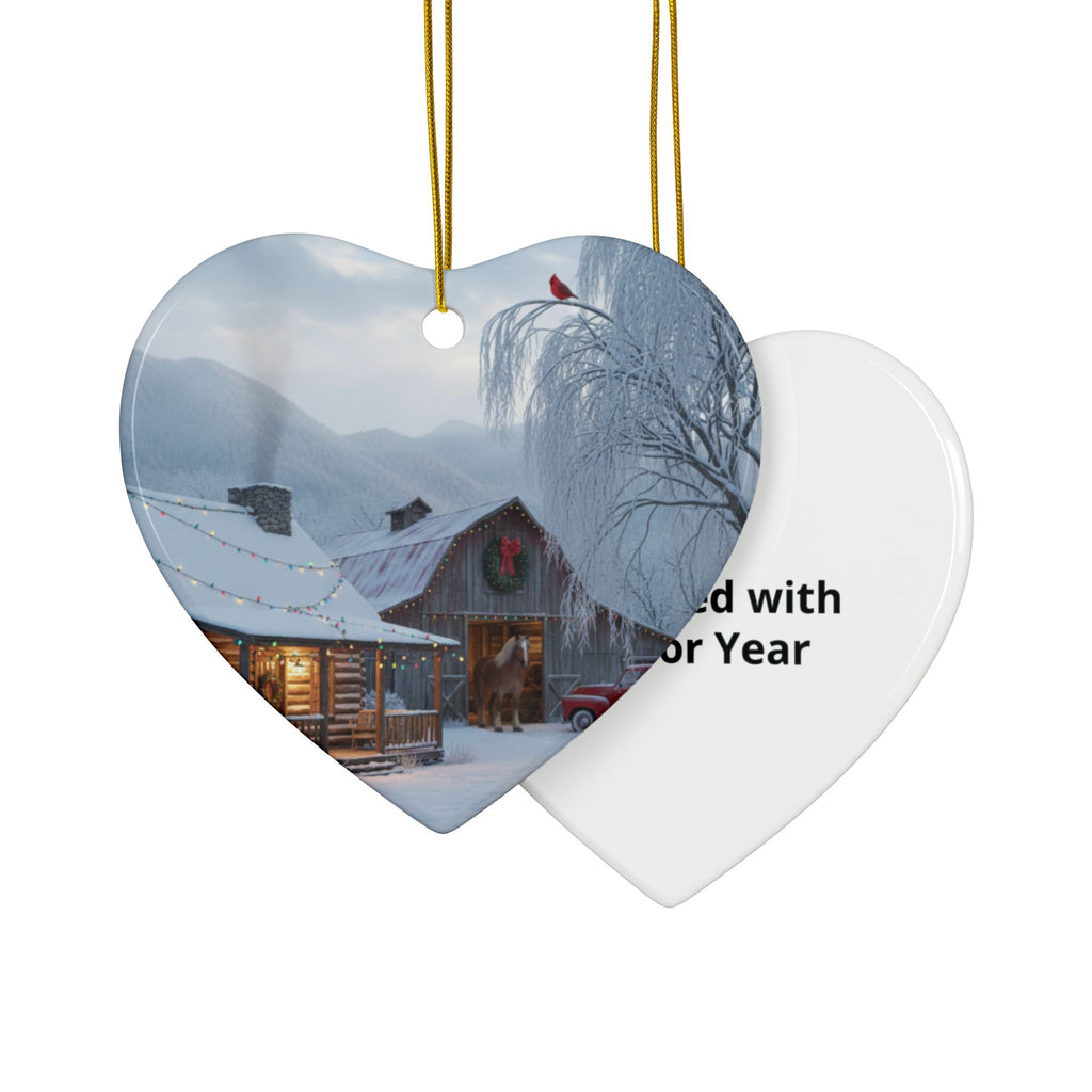 Round Ceramic Ornament — Snowy Cabin Winter Scene Holiday Decoration