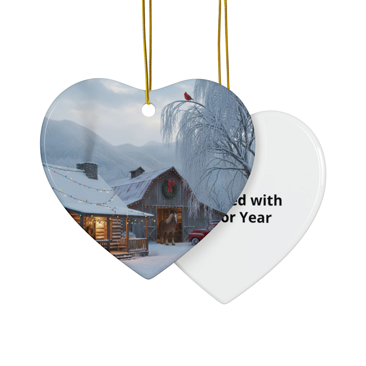 Round Ceramic Ornament — Snowy Cabin Winter Scene Holiday Decoration