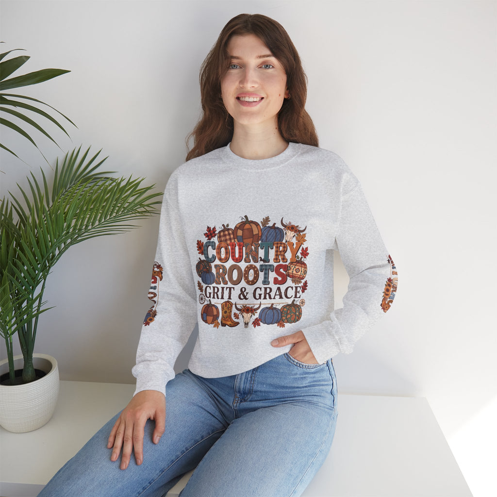 Country Roots Crewneck Sweatshirt — "Grit & Grace" Rustic Pumpkin Fall Design