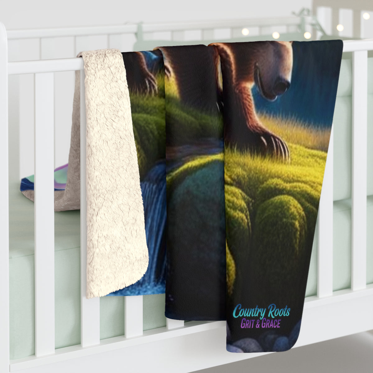 Aurora Bears Sherpa Blanket — Cozy Fleece Throw with Grizzly Mom & Cub