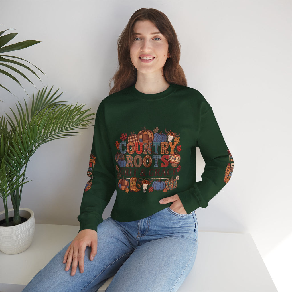 Country Roots Crewneck Sweatshirt — "Grit & Grace" Rustic Pumpkin Fall Design