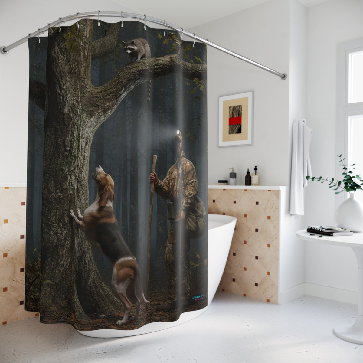 Hunter in the Woods Shower Curtain — Rustic Hunting Cabin Bathroom Décor