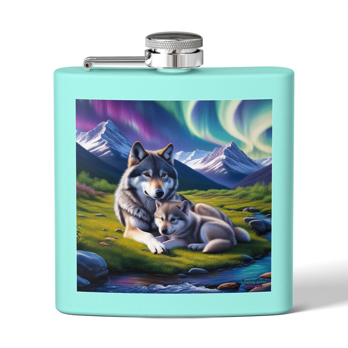 Wolf Family 6oz Stainless Steel Flask — Aurora Night Pocket Flask