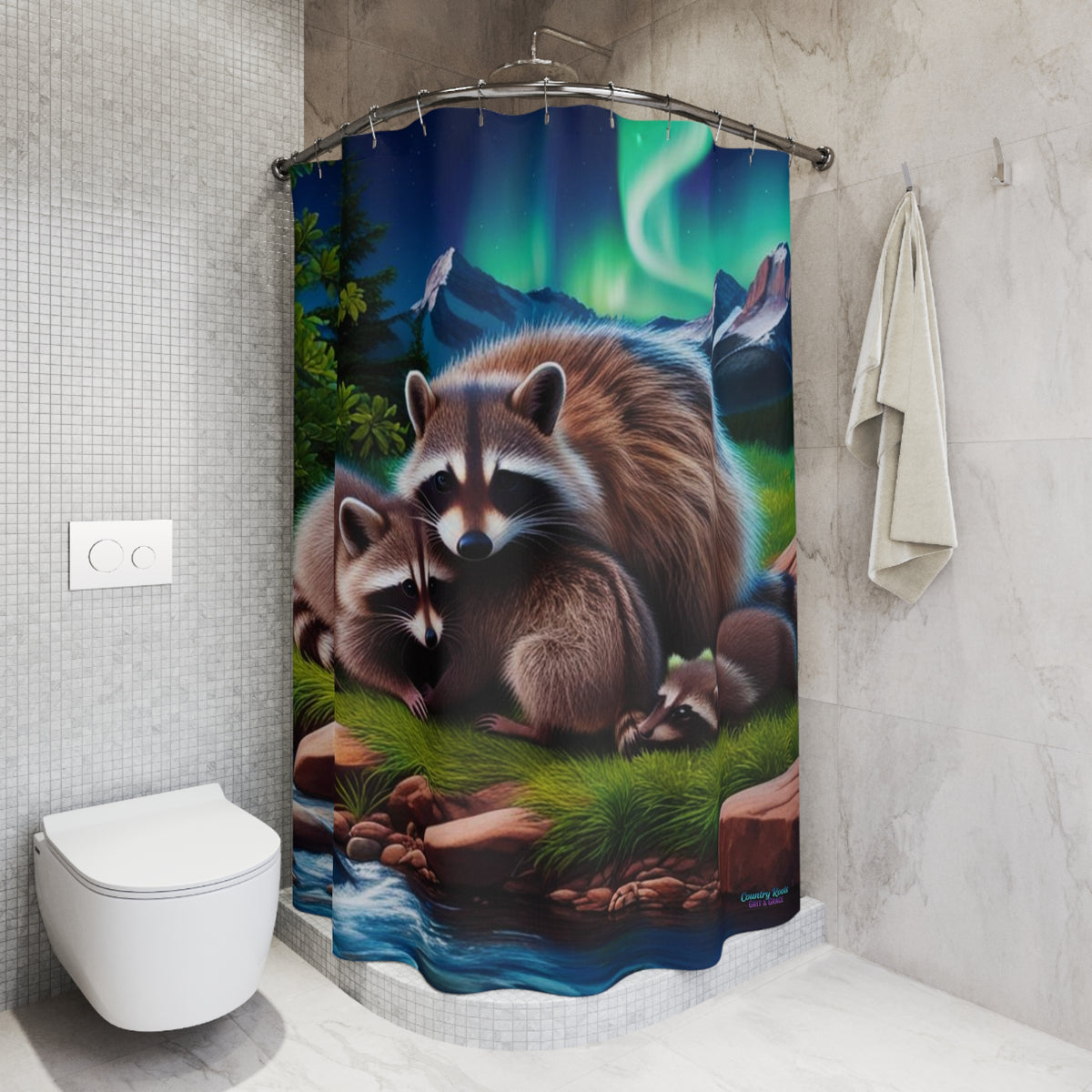 Raccoon Family Shower Curtain — Northern Lights Woodland Bathroom Decor