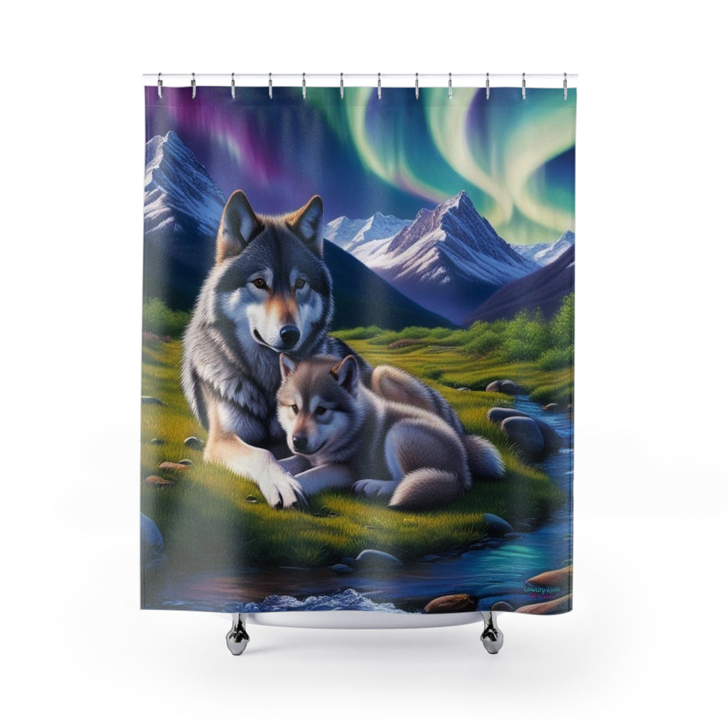 Northern Lights Wolf Shower Curtain — Aurora Borealis Wolf & Pup Bathroom Decor