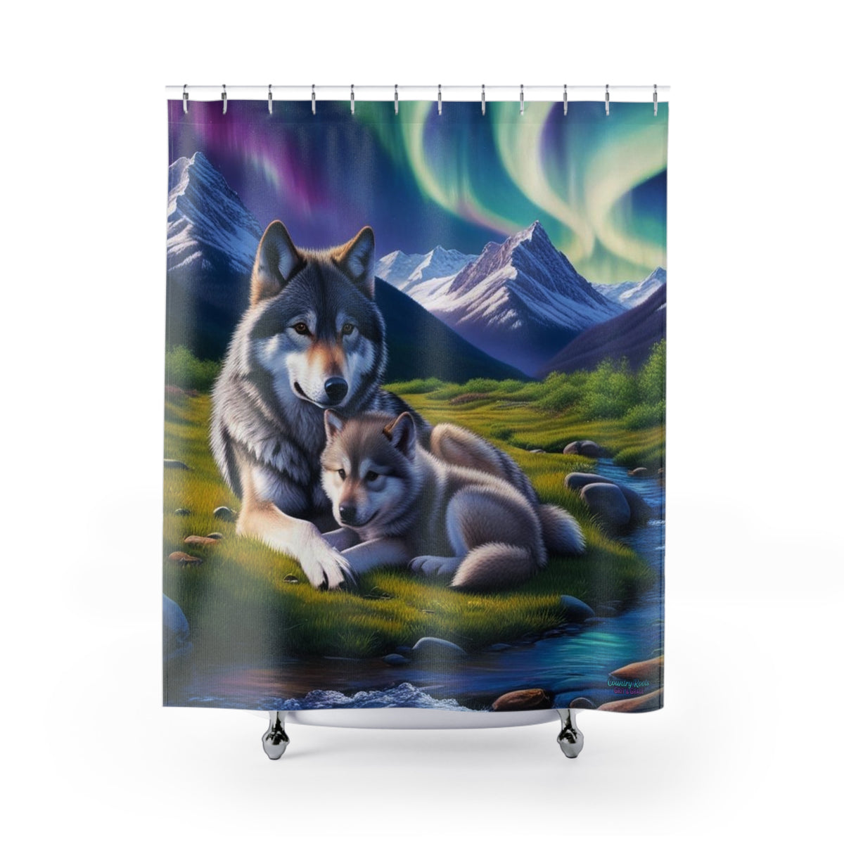 Northern Lights Wolf Shower Curtain — Aurora Borealis Wolf & Pup Bathroom Decor