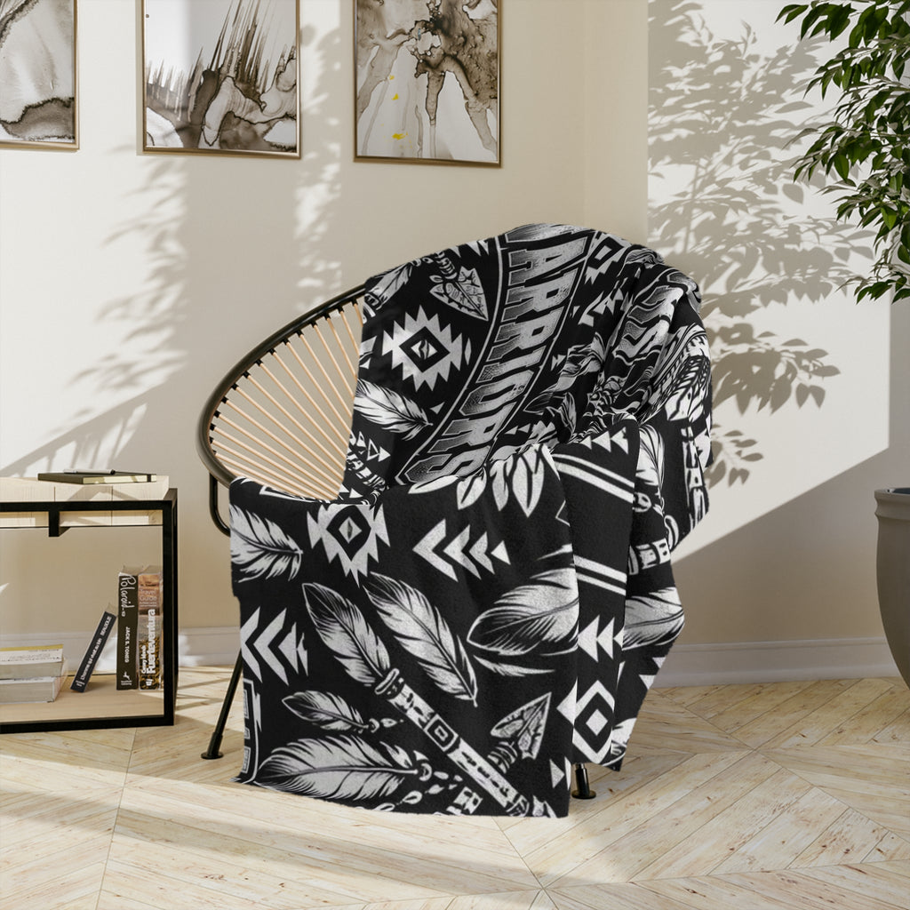 Warriors Native-Inspired Black and White Velveteen Microfiber Blanket