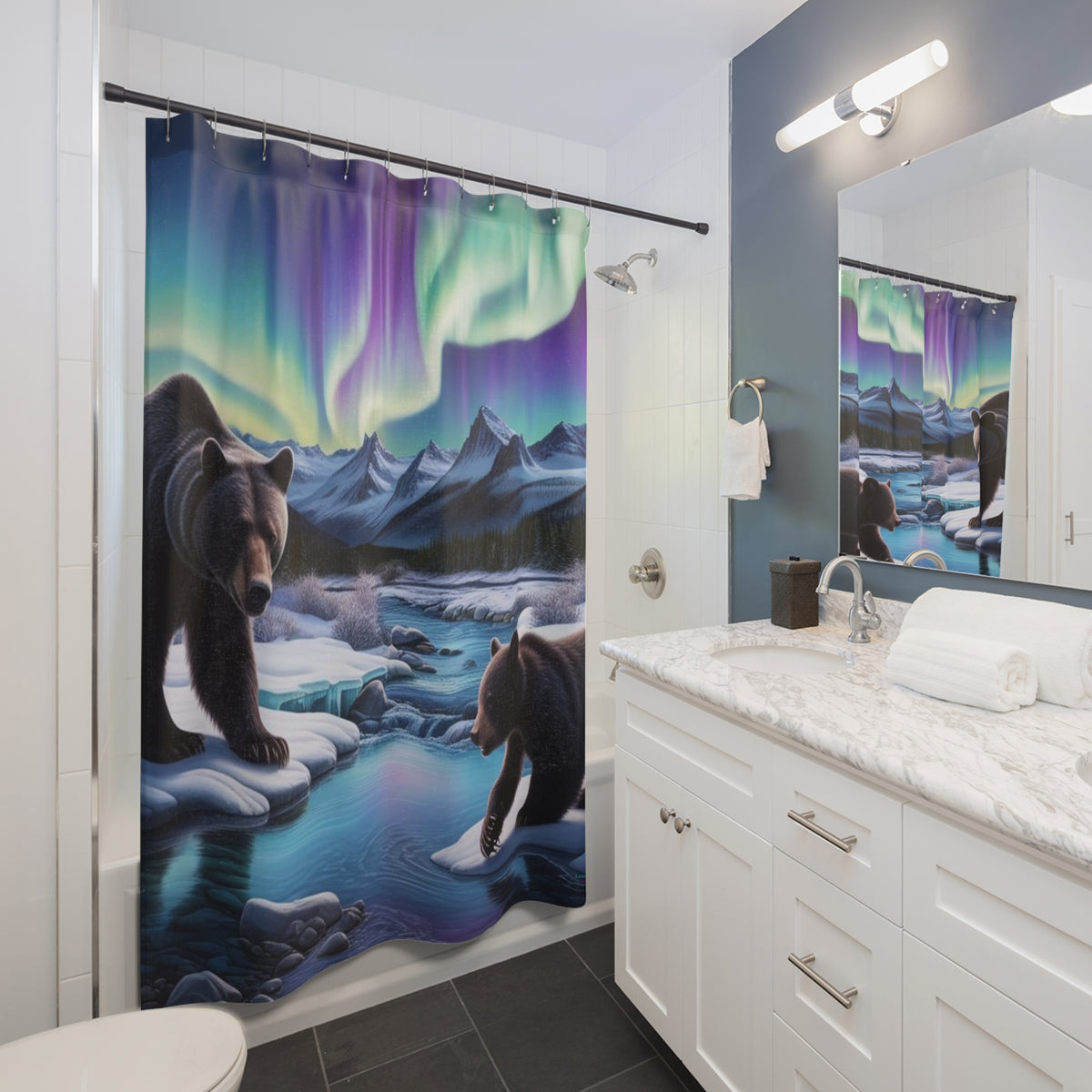 Aurora Bears Shower Curtain – Northern Lights Bathroom Décor