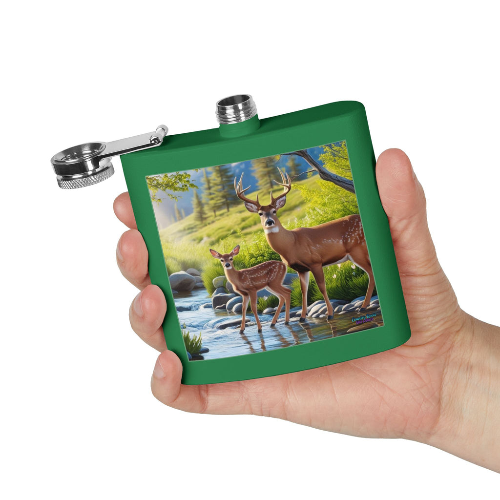 6oz Stainless Steel Flask — Deer & Fawn Streamside Woodland Design