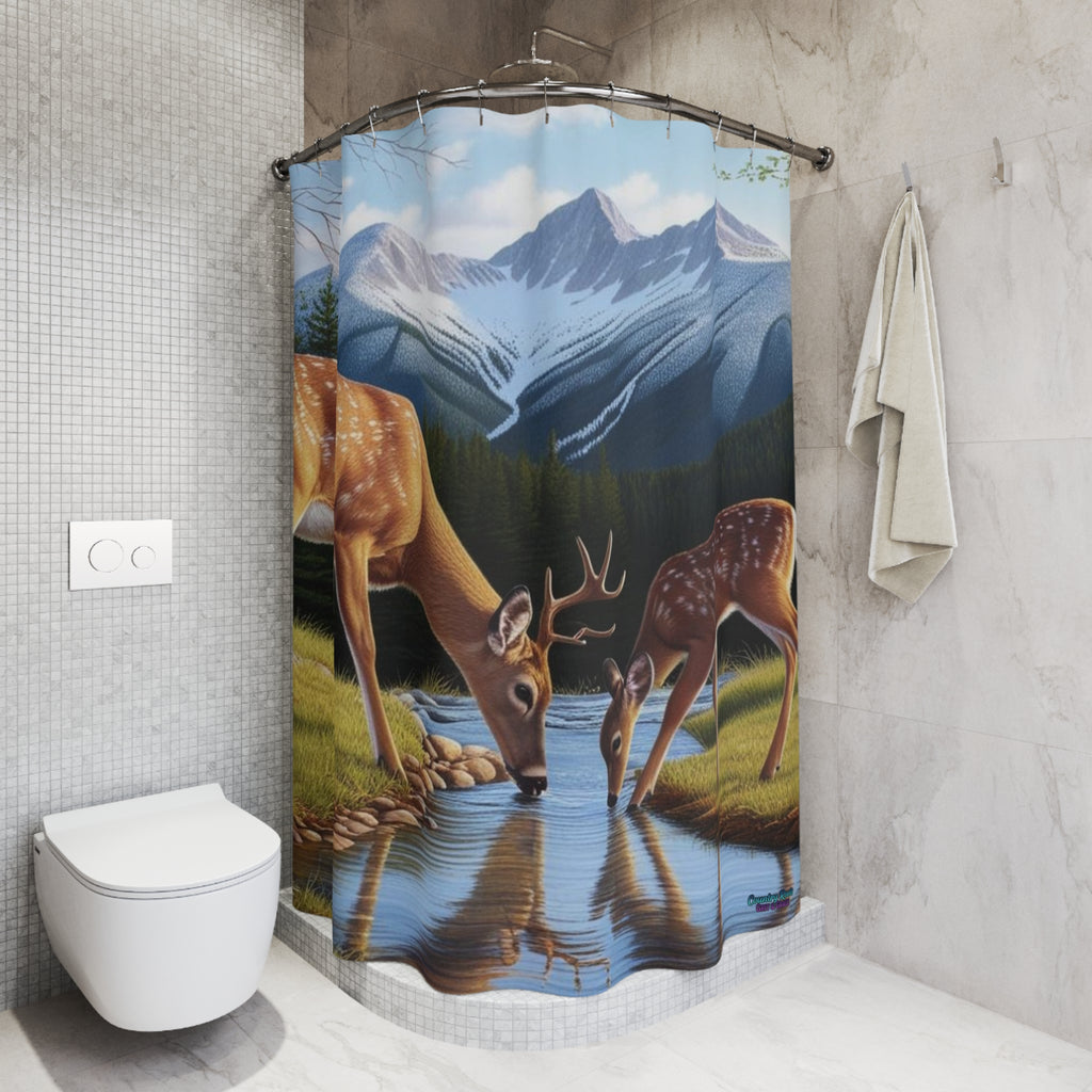 Deer Mountain Shower Curtain — Scenic Woodland Deer & Snowy Peaks Bathroom Decor