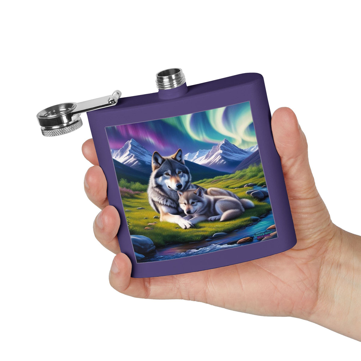 Wolf Family 6oz Stainless Steel Flask — Aurora Night Pocket Flask