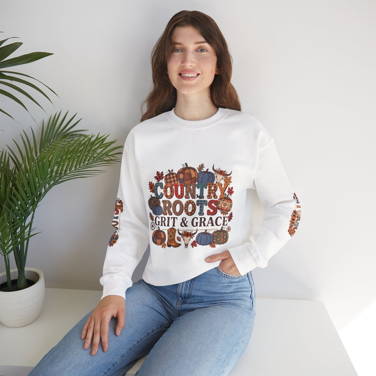Country Roots Crewneck Sweatshirt — "Grit & Grace" Rustic Pumpkin Fall Design