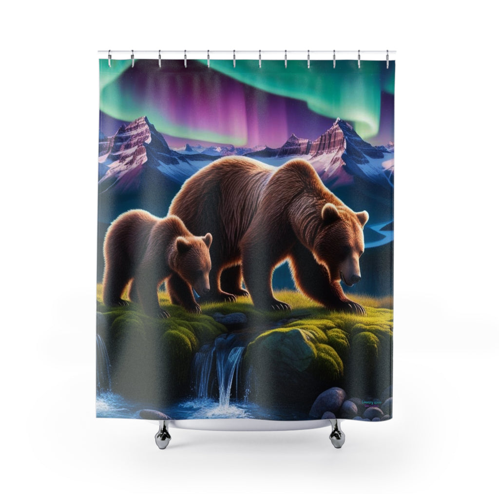 Bear Family Aurora Shower Curtain — Northern Lights Wilderness Bathroom Decor