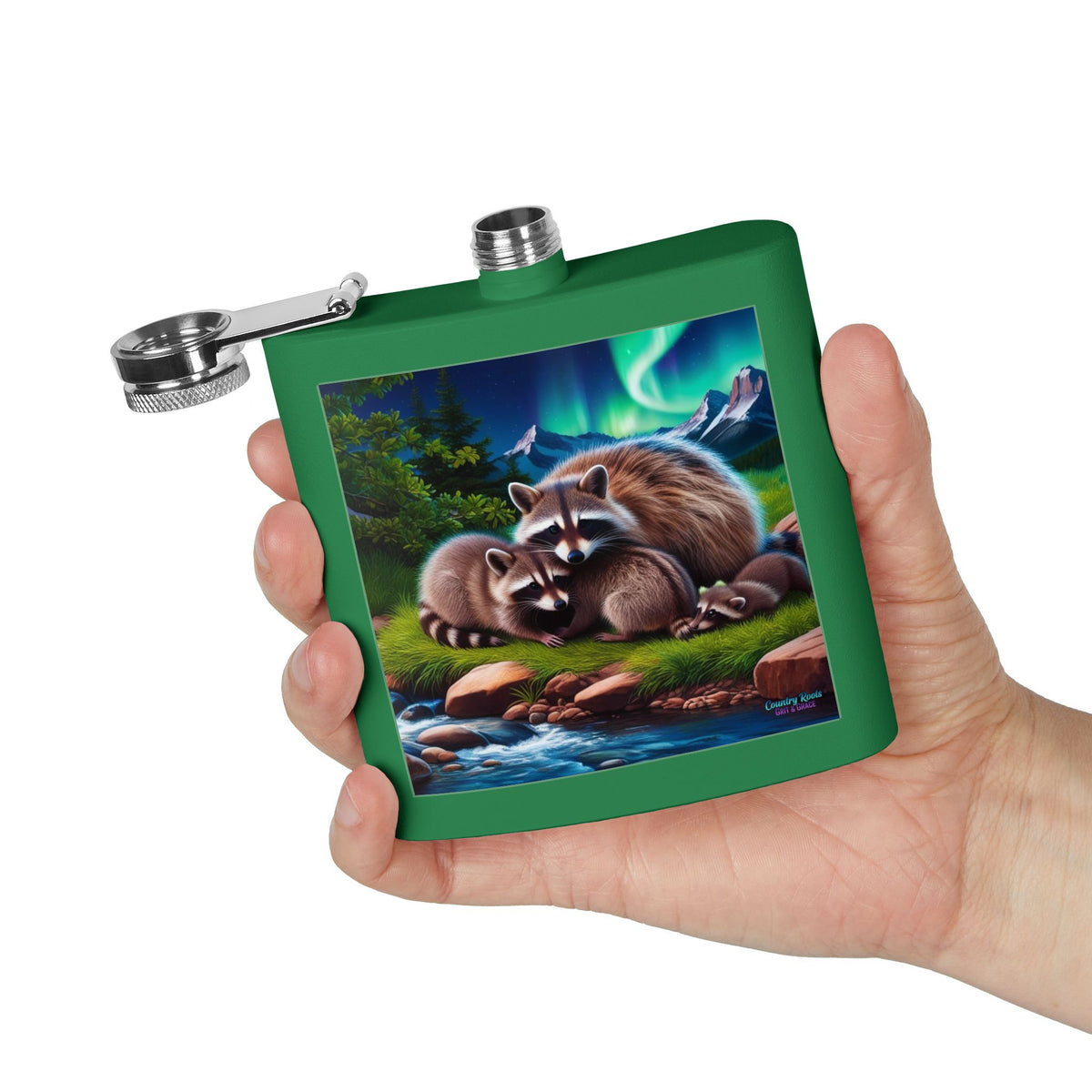 Raccoon Family 6oz Stainless Steel Flask — Woodland Night Aurora Design