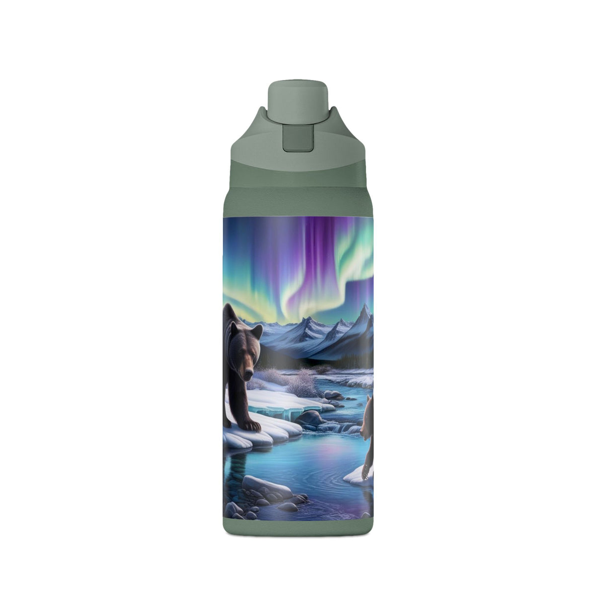 32oz Insulated Water Bottle — Northern Lights Bear Scene
