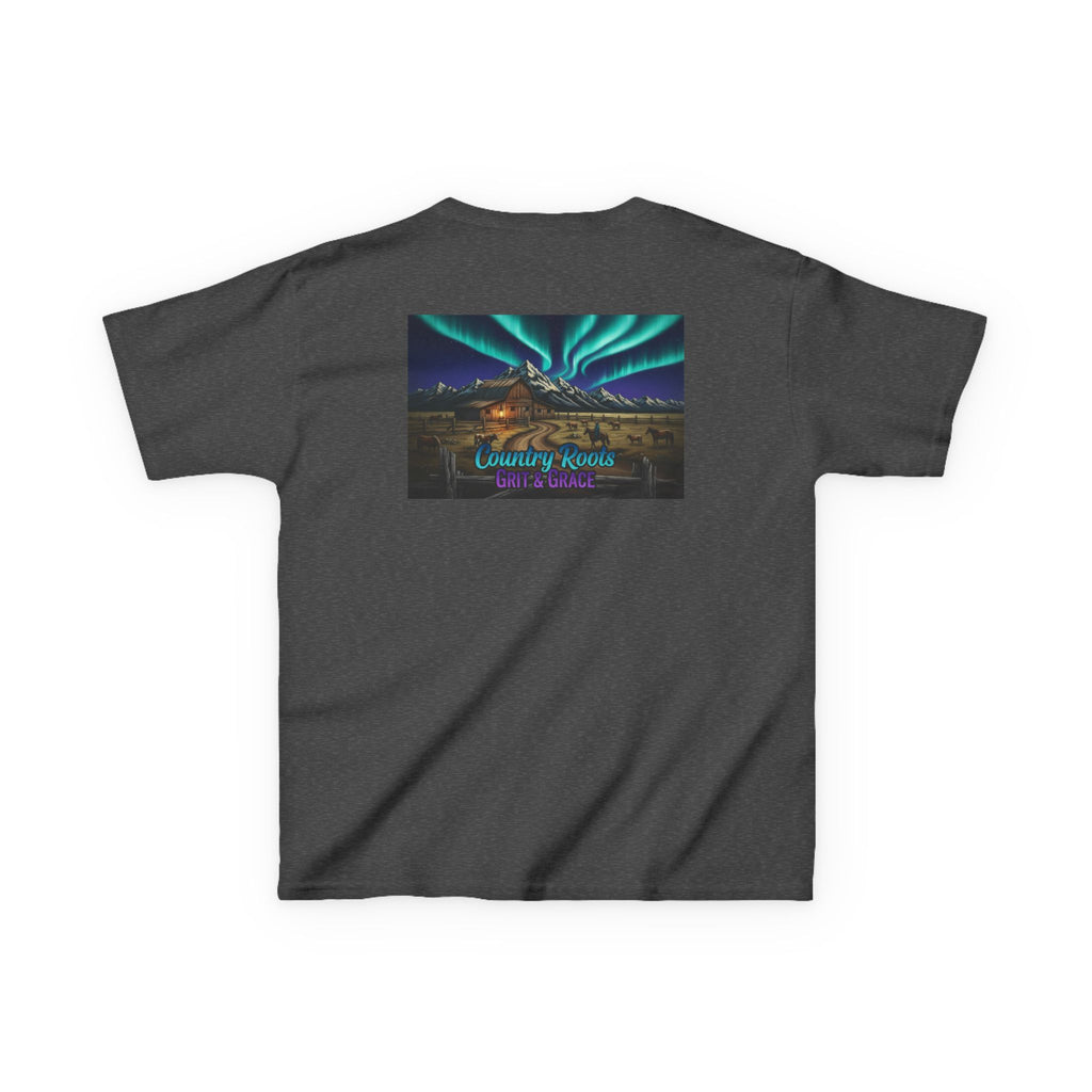 Kids Tee — Northern Lights Cabin Graphic "Country Roads, Take Me Home"