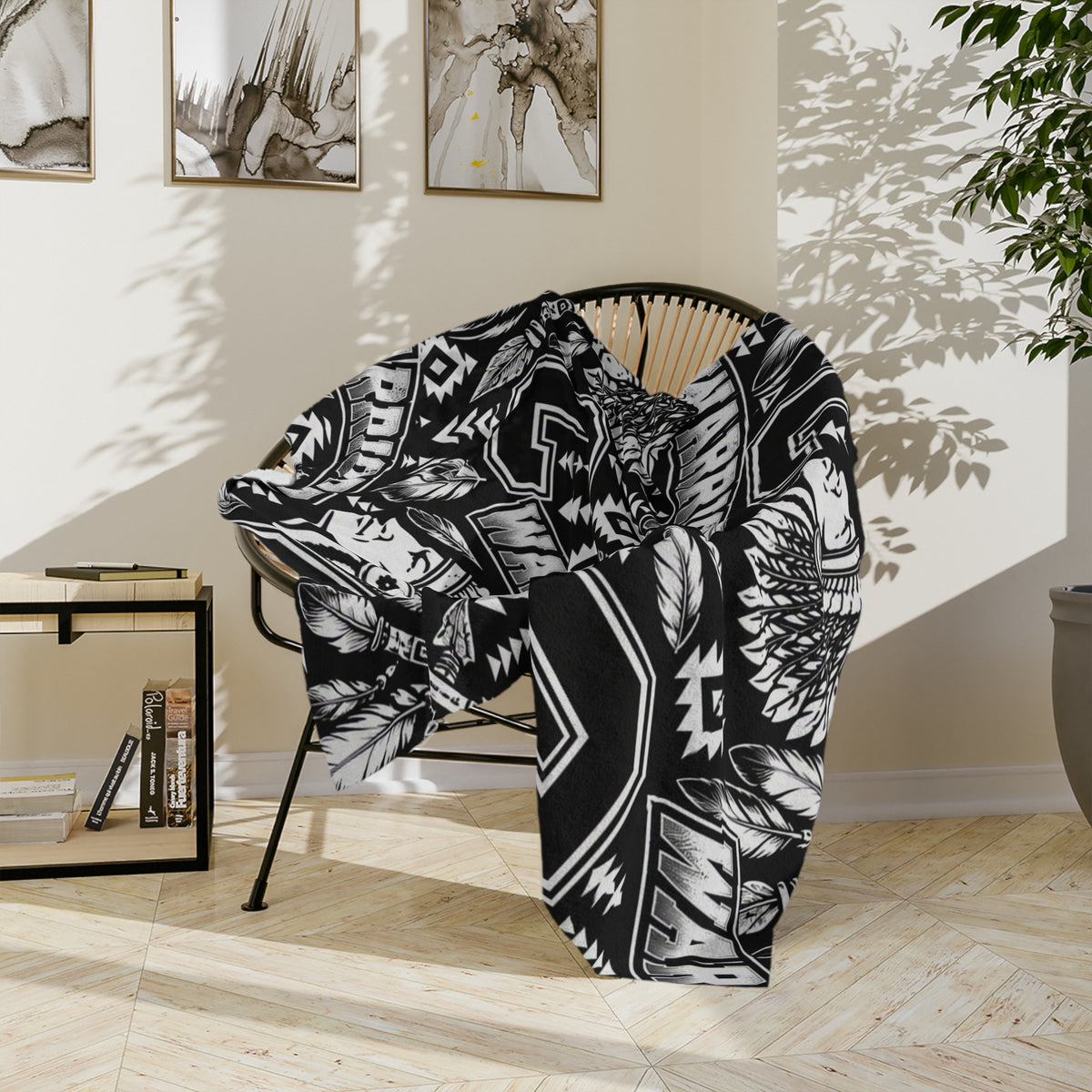 Warriors Native-Inspired Black and White Velveteen Microfiber Blanket