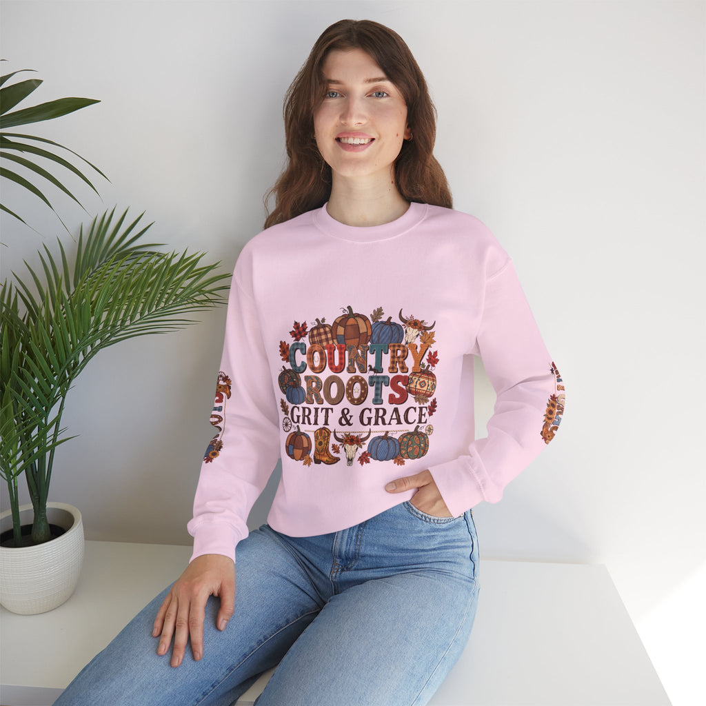 Country Roots Crewneck Sweatshirt — "Grit & Grace" Rustic Pumpkin Fall Design