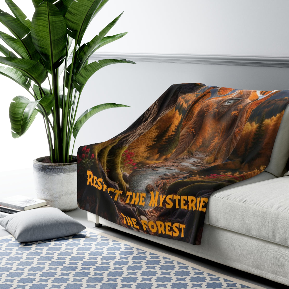 Sasquatch Sherpa Blanket — “Respect the Mysteries of the Forest” Cozy Fleece Throw