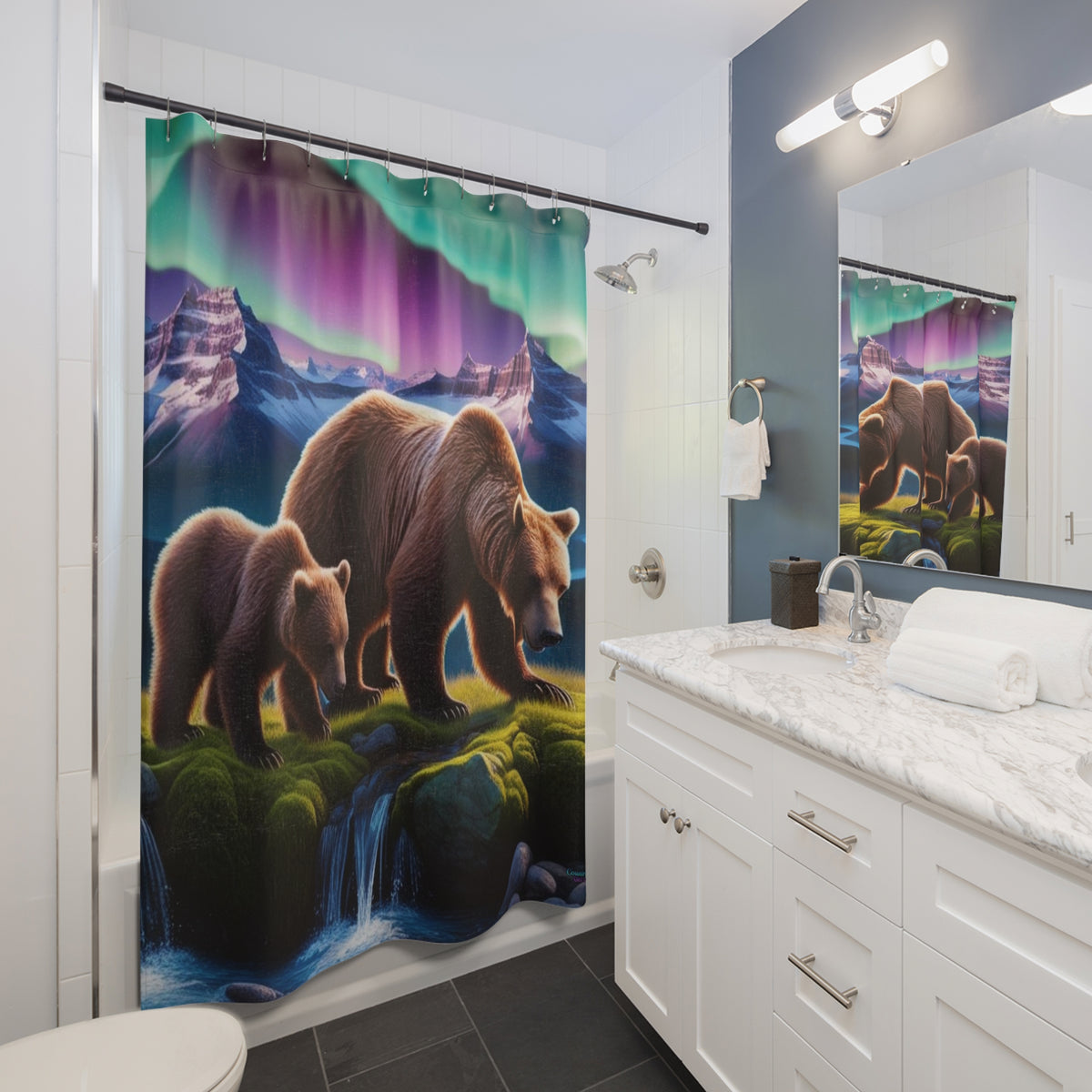 Bear Family Aurora Shower Curtain — Northern Lights Wilderness Bathroom Decor