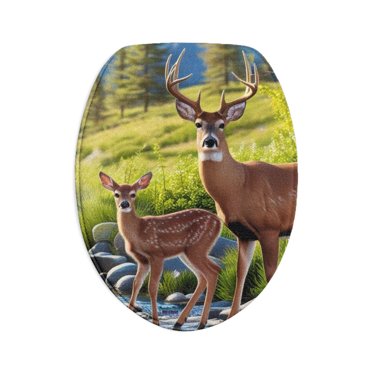 Deer Family 3-Piece Bath Mat Set — Woodland River Scene Bathroom Rugs