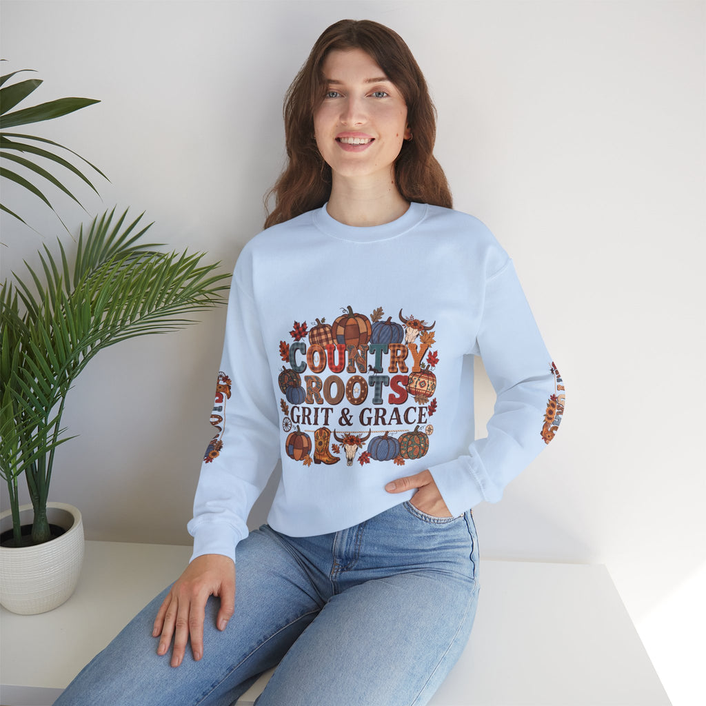 Country Roots Crewneck Sweatshirt — "Grit & Grace" Rustic Pumpkin Fall Design