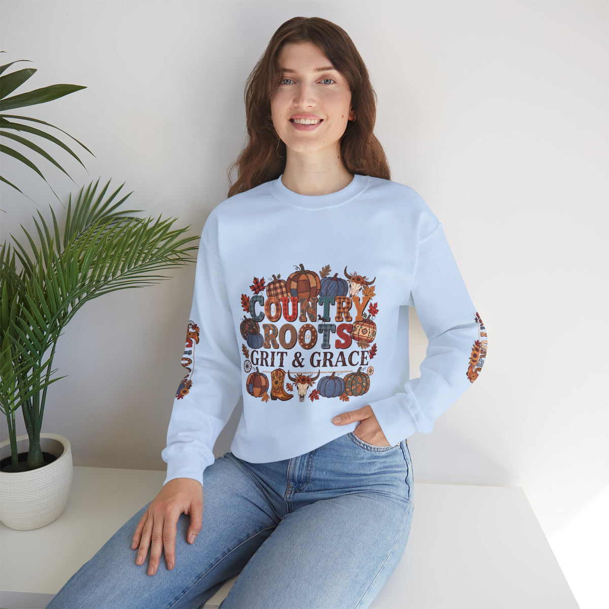 Country Roots Crewneck Sweatshirt — "Grit & Grace" Rustic Pumpkin Fall Design