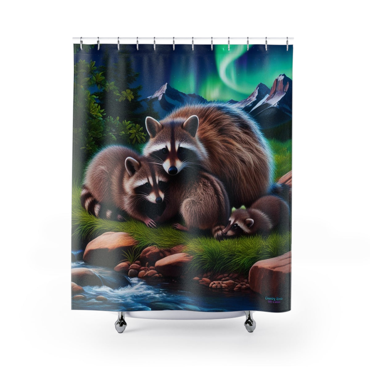 Raccoon Family Shower Curtain — Northern Lights Woodland Bathroom Decor
