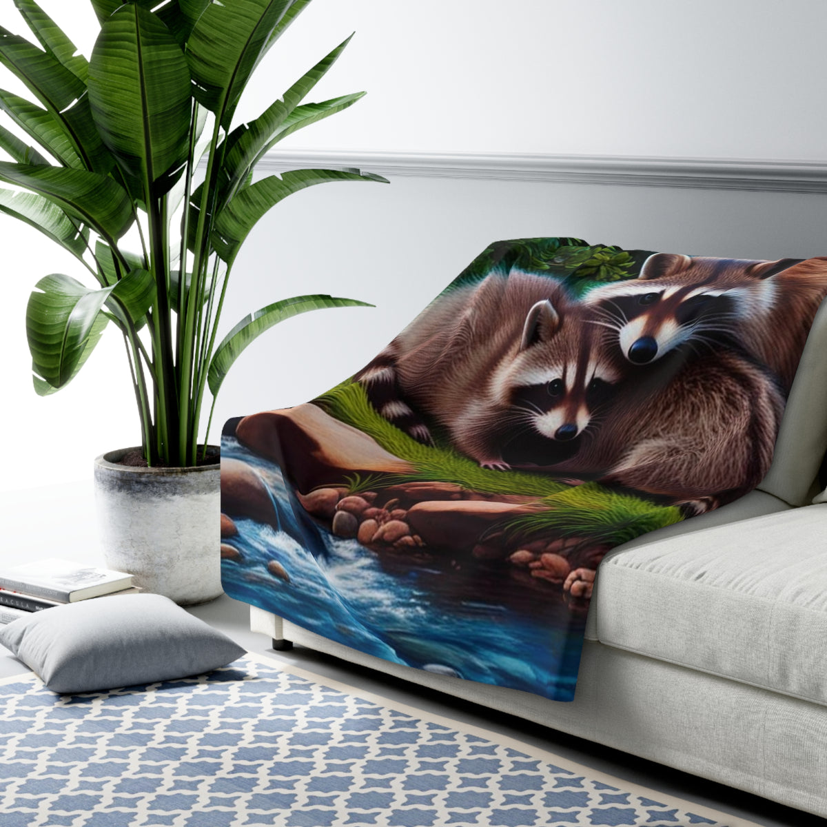 Raccoon Mama & Baby Sherpa Blanket – Cozy Fleece Throw with Northern Lights