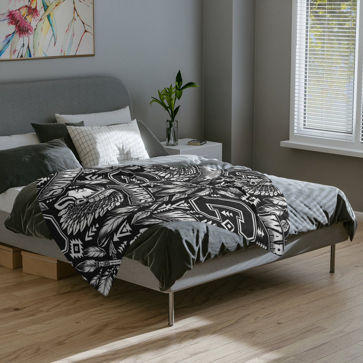 Warriors Native-Inspired Black and White Velveteen Microfiber Blanket