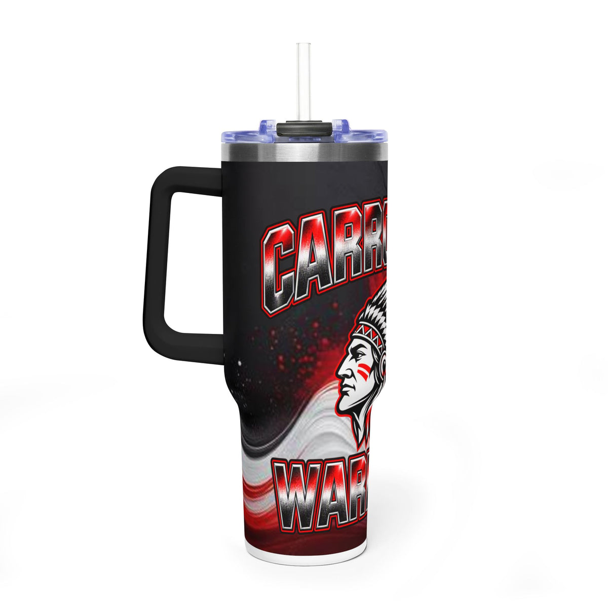 Warrior Mascot 40oz Vacuum Tumbler – Carrrollton Team Insulated Drinkware Different Colored Handles