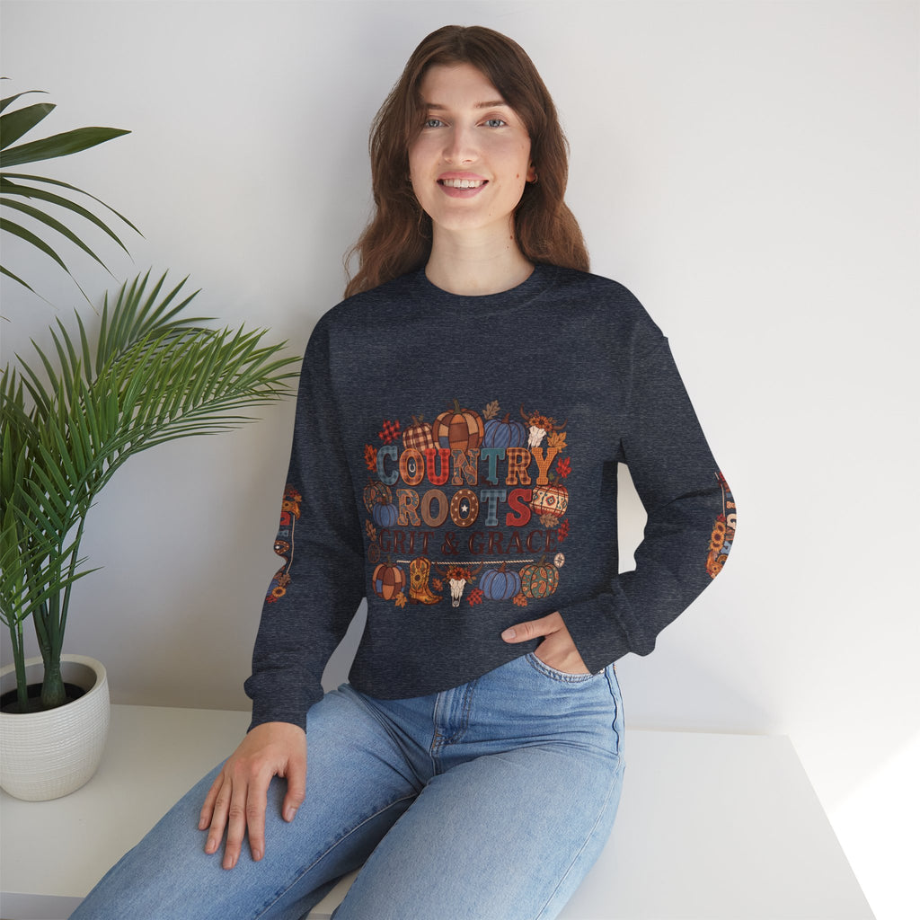 Country Roots Crewneck Sweatshirt — "Grit & Grace" Rustic Pumpkin Fall Design