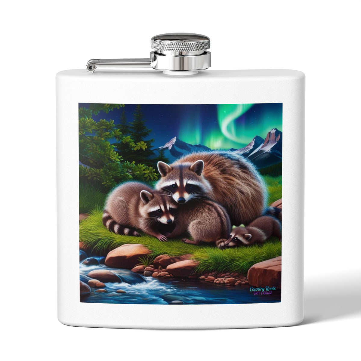 Raccoon Family 6oz Stainless Steel Flask — Woodland Night Aurora Design