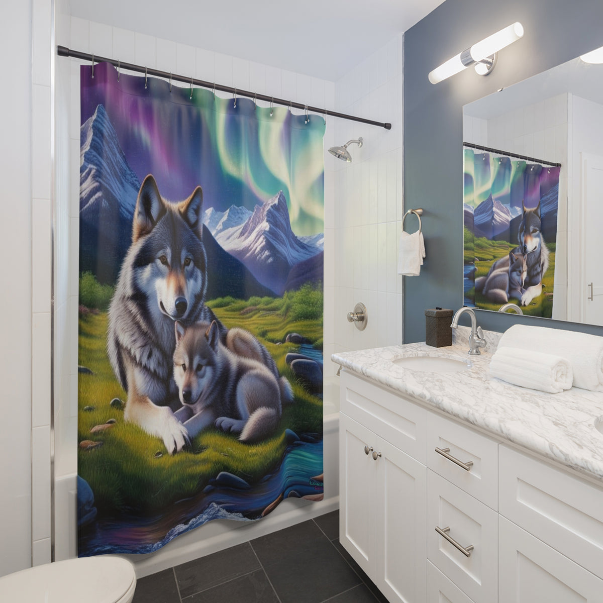 Northern Lights Wolf Shower Curtain — Aurora Borealis Wolf & Pup Bathroom Decor