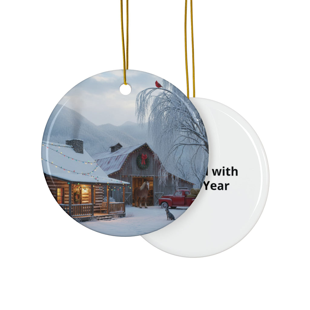 Round Ceramic Ornament — Snowy Cabin Winter Scene Holiday Decoration