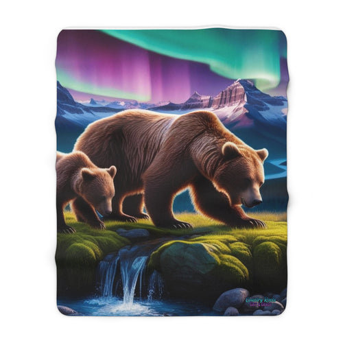 Aurora Bears Sherpa Blanket — Cozy Fleece Throw with Grizzly Mom & Cub