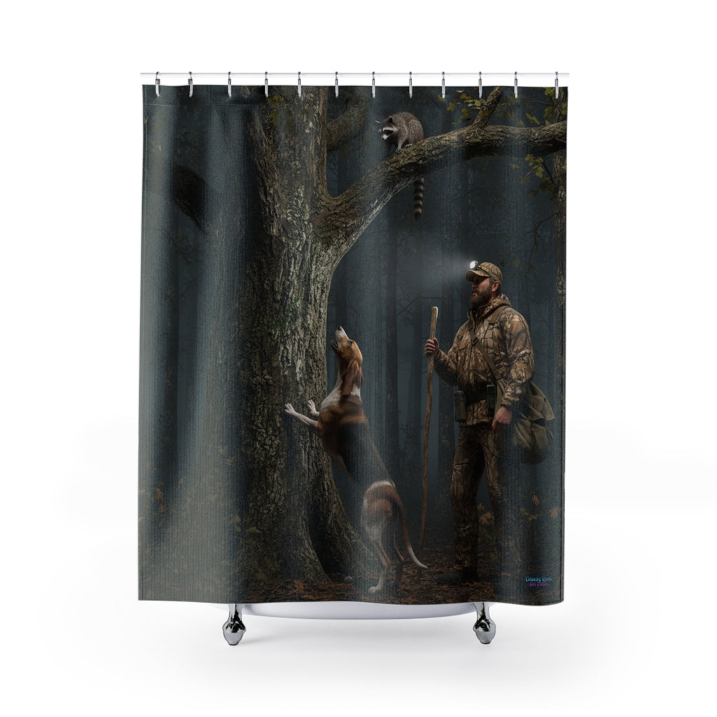 Hunter in the Woods Shower Curtain — Rustic Hunting Cabin Bathroom Décor