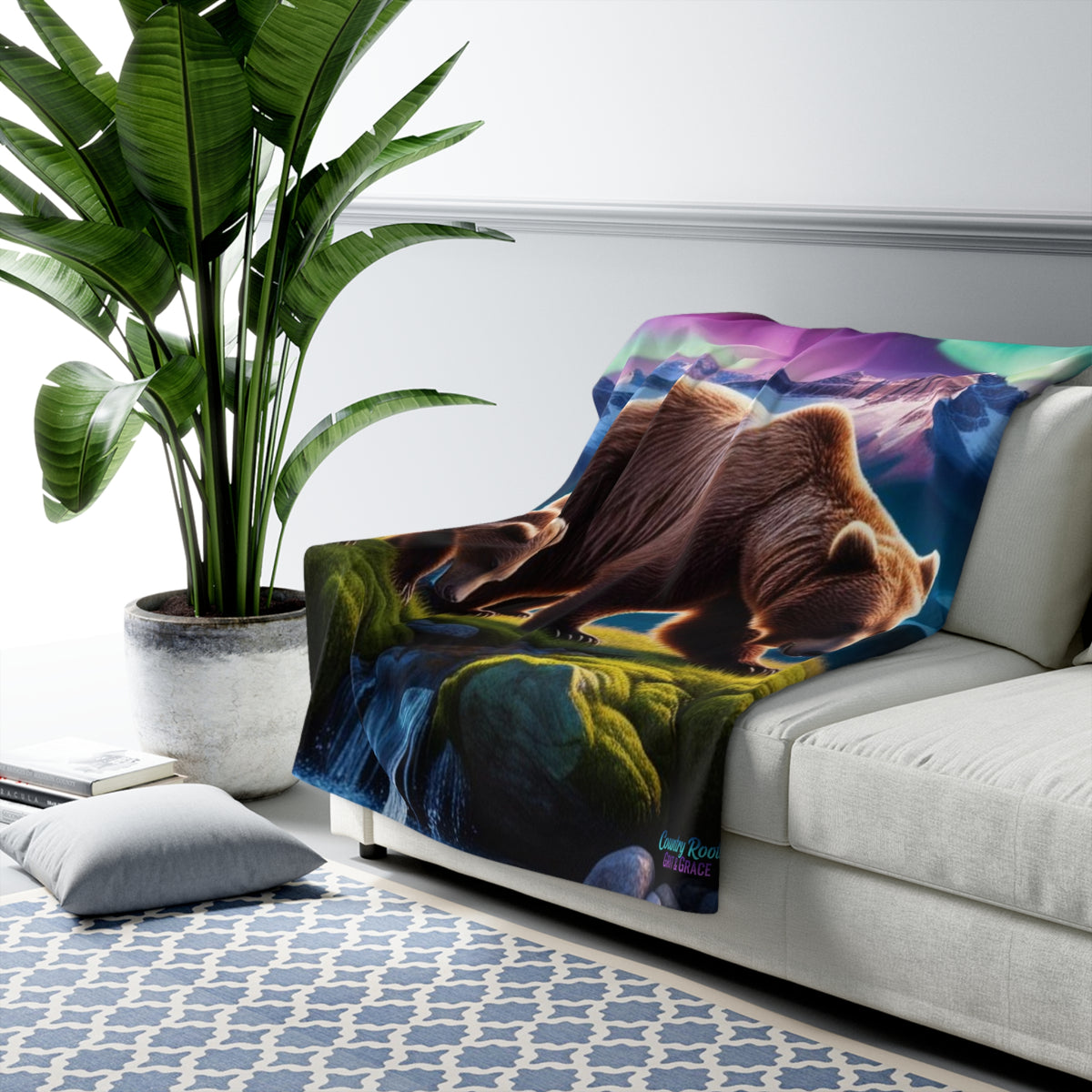 Aurora Bears Sherpa Blanket — Cozy Fleece Throw with Grizzly Mom & Cub