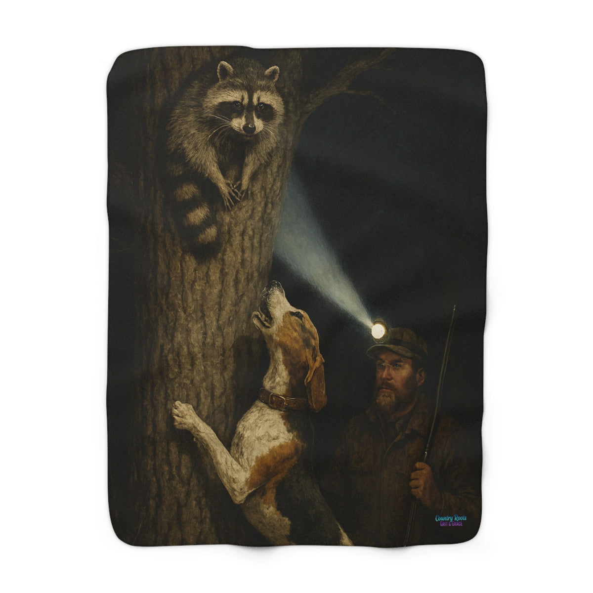 Sherpa Blanket with Hunting Dog & Raccoon Illustration — Cozy Cabin Throw for Outdoorsmen