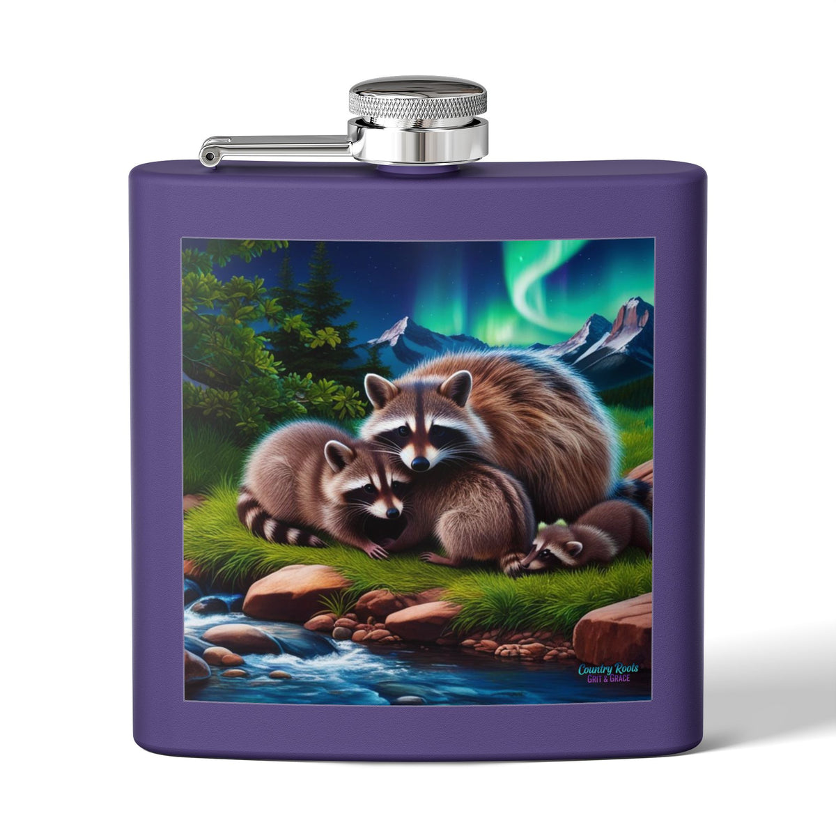 Raccoon Family 6oz Stainless Steel Flask — Woodland Night Aurora Design