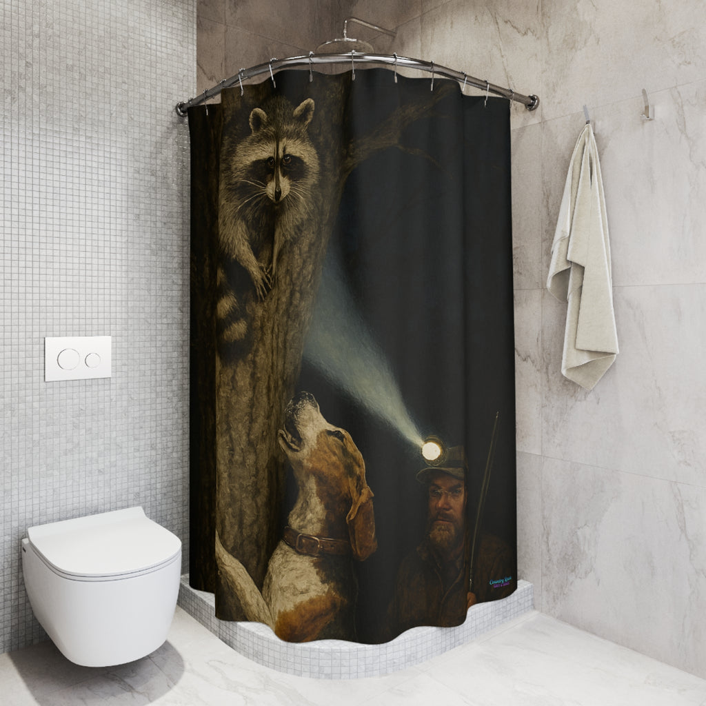 Shower Curtain — Night Forest Raccoon & Hound Bathroom Curtain, Man with Headlamp Wildlife Adventure